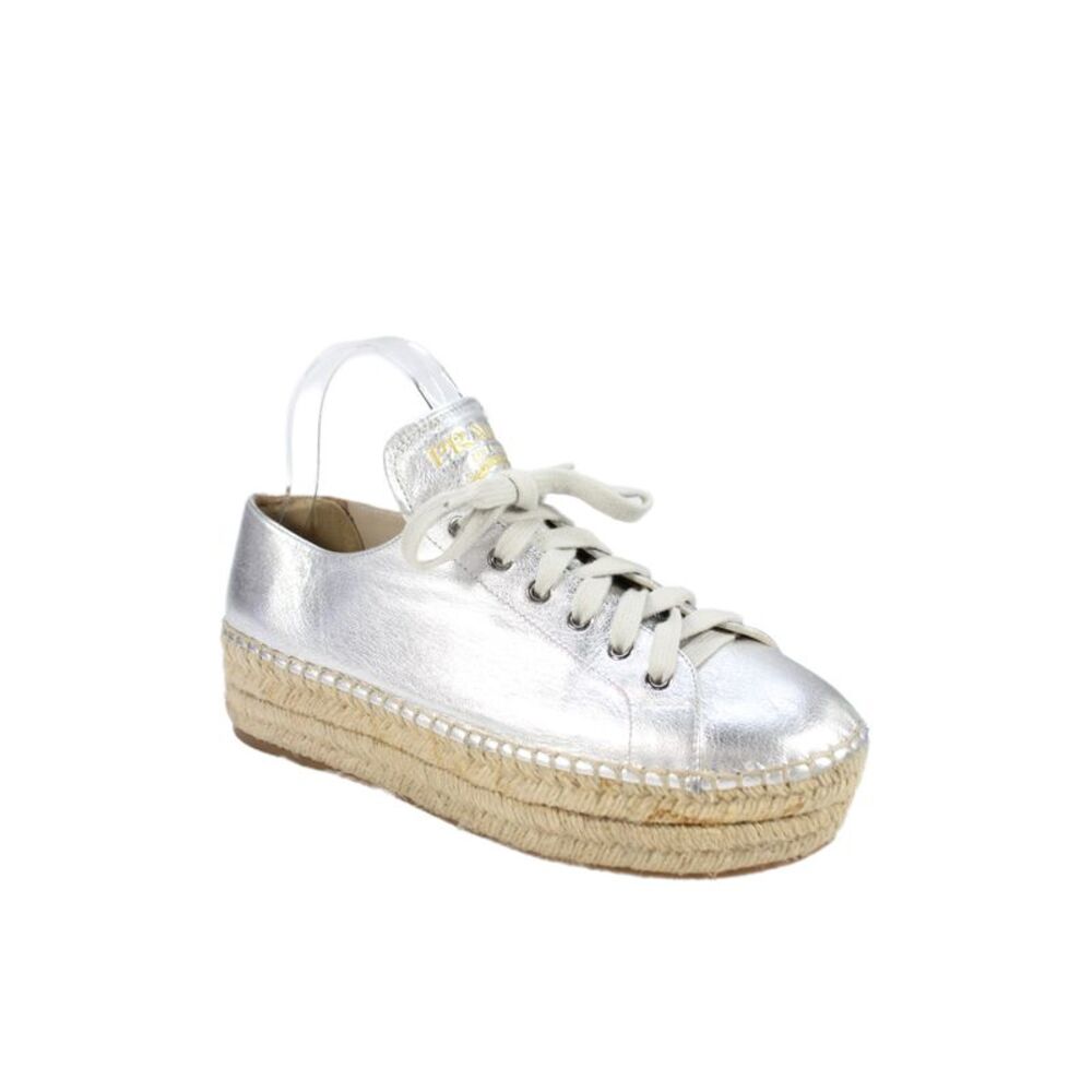 Prada Womens Leather Metallic Platform Espadrille Sneakers Silver Size 10